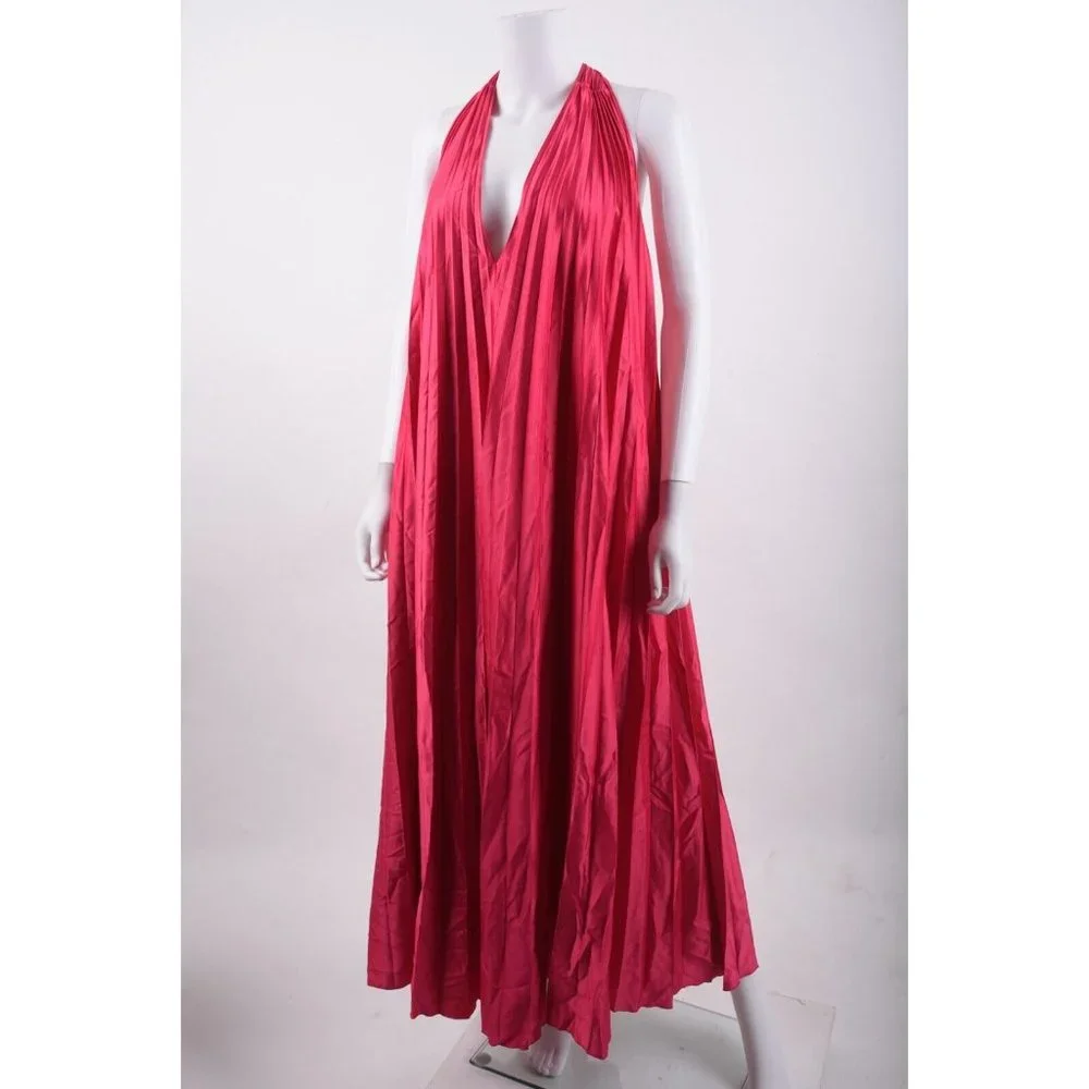 Massimo Dutti Studio Women Halter Maxi Dress S Pleated Pink Fuchsia 9012/952 NWT_5